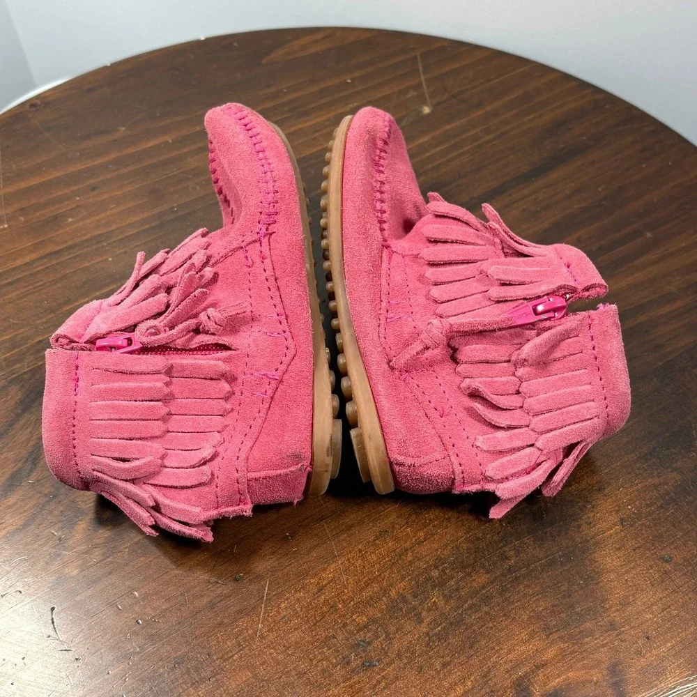 Minnetonka Ankle Boots Girls Size 10 Hot Pink‎ Suede Double Fringe Side Zip 2295